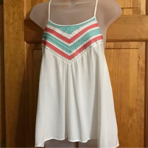 Teal Dove White Spaghetti Strap Razor Back Tank Top w/ Teal & Coral Neckline - Picture 6 of 11